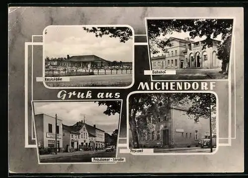 AK Michendorf, Teilansicht Raststätte, Bahnhof, Potsdamer Str., Postamt