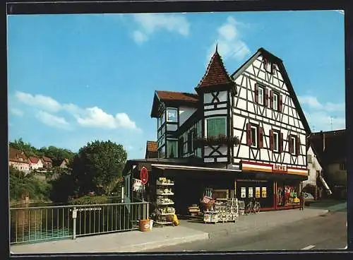 AK Ebhausen, Rewe-Markt Zahn im Fachwerkhaus an der Nagoldbrücke