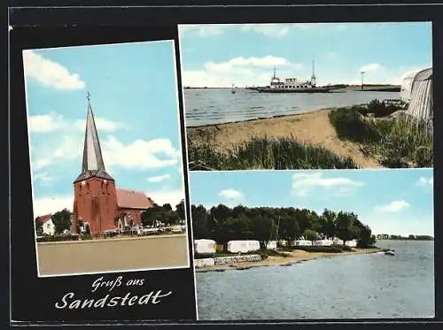 AK Sandstedt /Unterweser, Weserfähre, Kirche und Uferpartie