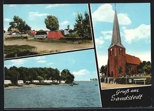 AK Sandstedt /Unterweser, Kirche, Campingplatz und Weserpartie