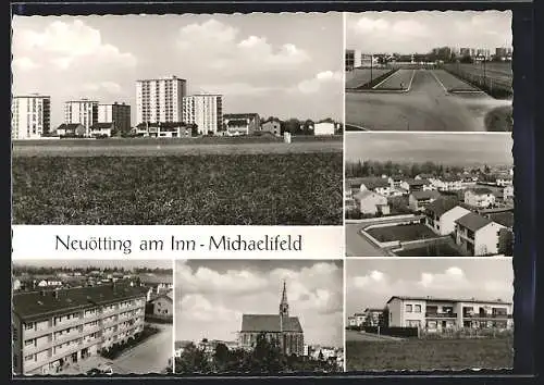 AK Neuötting am Inn, Neubausiedlung Michaelifeld, Kirche, Strassenpartie