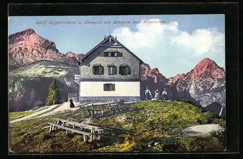AK Adolf Zoeppritz-Haus, Berghütte mit Alpspitze und Waxenstein