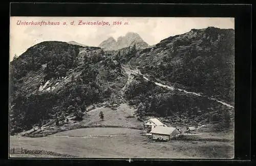 AK Zwieselalpe-Unterkunftshaus, Berghütte aus der Vogelschau