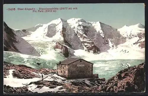 AK Diavolezzahütte mit Piz Palü, Ober-Engadin, Aussenansicht der Berghütte mit Blick auf den Gletscher