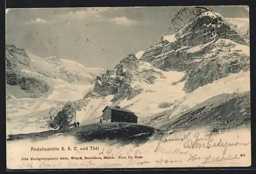AK Fridolinshütte, Berghütte S. A. C. mit Blick zum Tödi