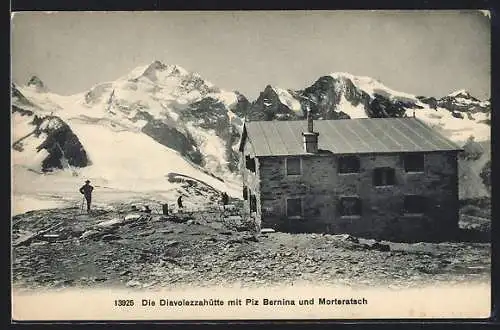 AK Diavolezzahütte, Berghütte mit Piz Bernina und Morteratsch