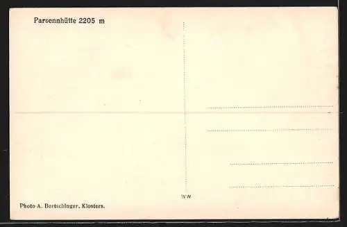 AK Parsennhüte, Berghütte vor Gebirgspanorama