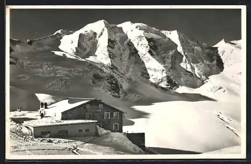 AK Diavolezzahütte, Berghütte mit Piz Palü im Engadin