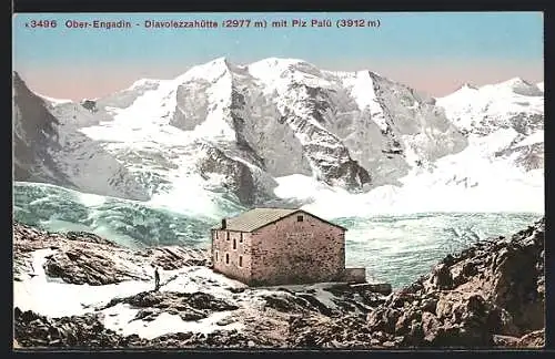 AK Diavolezzahütte in Ober-Engadin, Berghütte mit Piz Palü