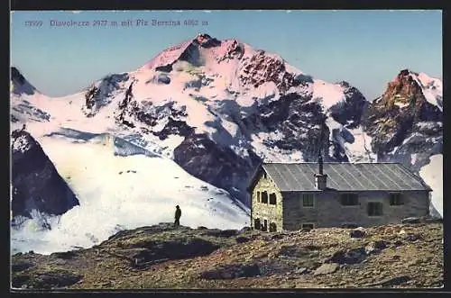 AK Diavolezzahütte, Berghütte mit Blick zum Piz Bernina