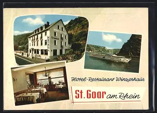 AK St. Goar /Rhein, Hotel-Restaurant Winzerhaus, Dampfer auf dem Rhein