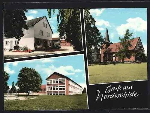 AK Nordwohlde, Strassenpartie, Kirche und Schule