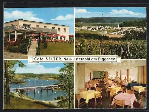 AK Neu-Listernohl am Biggesee, Café Selter, Ortsansicht aus der Vogelschau, Seepartie