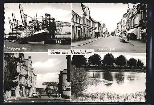 AK Nordenham, Midgard Pier, Bahnhofstrasse, Hafenstrasse und Gateteich