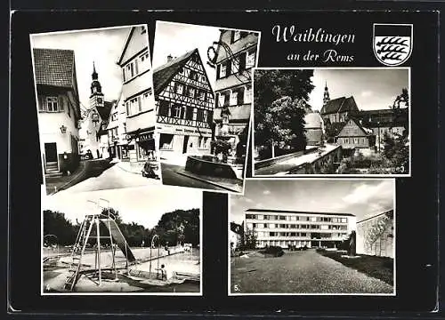 AK Waiblingen an der Rems, Nikolauskirche, Marktbrunnen mit Justizia, Stadtmauer, Freibad und Rathaus m. Mahnmal