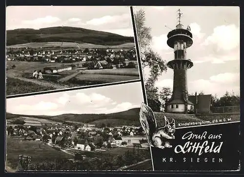 AK Littfeld /Krs. Siegen, Kindelsbergturm, Ortsansicht aus der Vogelschau