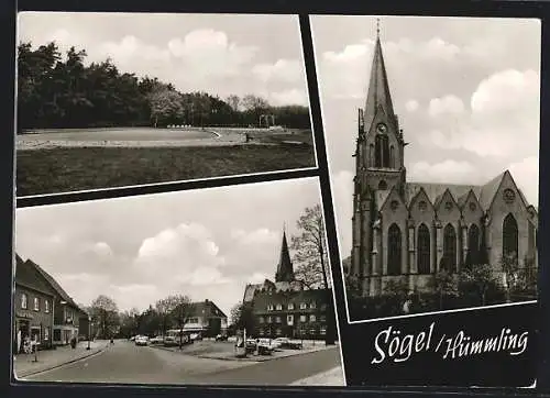 AK Sögel /Hümmling, Kirche, Strassenpartie und Sportplatz