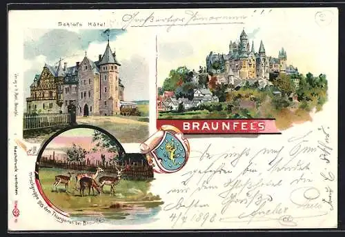 Lithographie Braunfels, Schloss Hotel, Hirschgruppe aus dem Thiergarten