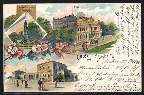 Lithographie Pforzheim, Bahnhof, Post, Kaiser-Wilhelm-Denkmal