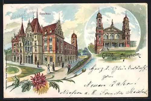 Lithographie Pforzheim, Strassenpartie am Saalbau