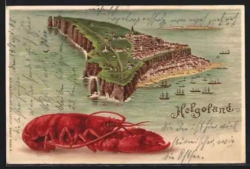 Lithographie Helgoland, Inselansicht aus der Vogelschau