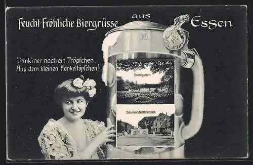 AK Essen, Stadtgarten und Jahrhundertbrunnen als Bilder auf einem Bierkrug