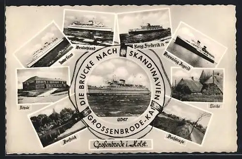 AK Grossenbrode / Holst., Schule, Dampfer Theodor Heuss, Deutschland, Kirche