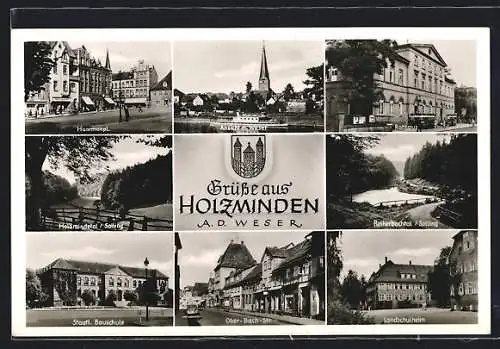 AK Holzminden a. d. Weser, Haarmanplatz, Bauschule, Ober-Bach-Strasse, Landschulheim, Rathaus