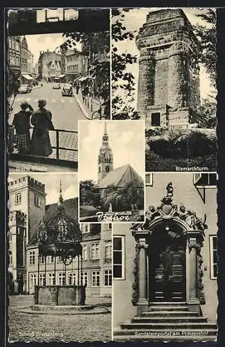 AK Itzehoe, Breite Strasse, Bismarckturm, Schloss Breitenburg, Sandsteinportal am Prinzesshof