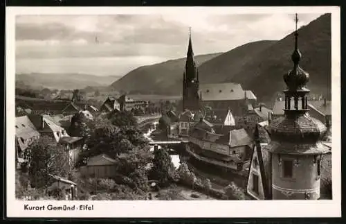 AK Gemünd, Ortsansicht mit Kirche und Bergpanorama
