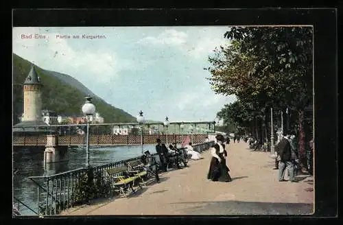 AK Bad Ems, Passanten auf der Promenade am Kurgarten