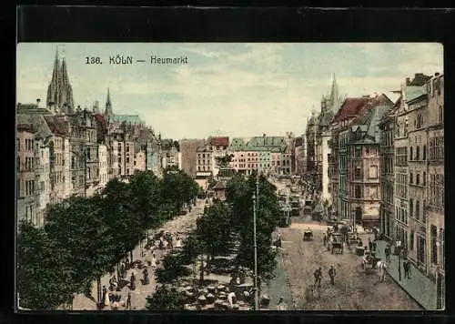 AK Köln, Heumarkt mit Strassenbahn, Kirche