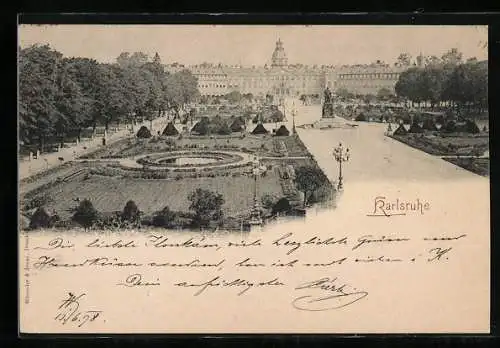 AK Karlsruhe, Schlossansicht mit Schlossgarten