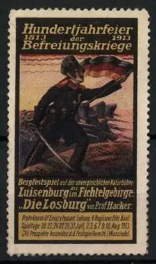 Reklamemarke Befreiungskriege, Hundertjahrfeier 1813-1913, Bergfestspiel Luisenburg Die Losburg, Soldat mit Flagge