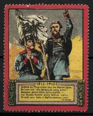 Reklamemarke Befreiungskriege, Hundertjahrfeier 1813-1913, Soldaten mit Flagge