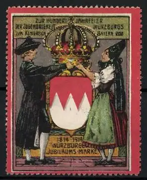 Reklamemarke Würzburg, Jubiläums-Marke 100 Jahre Zugehörigkeit zum Königreich Bayern, Paar in Tracht mit Wappen & Krone