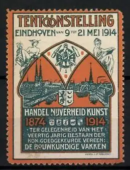 Reklamemarke Eindhoven, Tentoonstelling Handel, Nuverheid & Kunst 1914, Stadtansicht, Wappen, Hermes