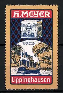 Reklamemarke Meyer-Ruhm, H. Meyer, Lippinghausen, Transport auf dem Wasser, Verpackung