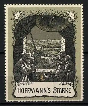 Reklamemarke Hoffmann's Stärke, Familie läutet eine Kirchenglocke, Ortsblick