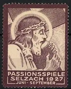 Reklamemarke Selzach, Passionsspiele 1927, Jesus mit Kreuz und Dornenkrone
