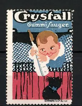 Reklamemarke Crystall-Gummisauger, Baby mit Trinkflasche, Katze