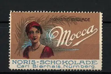Reklamemarke Noris-Schokolade Mocca, Carl Bierhals, Nürnberg, schöne Frau vor einem Palmenwedel