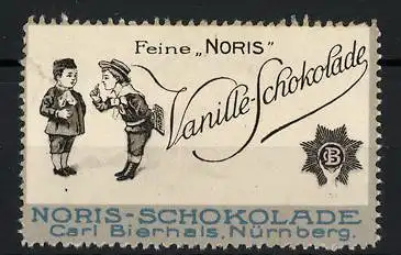 Reklamemarke Feine Noris Vanille-Schokolade, Carl Bierhals, Nürnberg, zwei Buben mit Schokolade, Firmenlogo