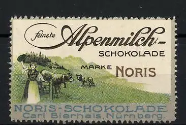 Reklamemarke Noris feinste Alpenmilch-Schokolade, Carl Bierhals, Nürnberg, Bäuerin mit Kühen auf der Weide