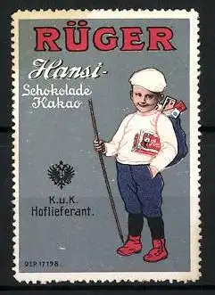 Reklamemarke Hansi Schokolade & Cacao, K. u. K. Hoflieferant Rüger, Knabe mit Schokoladentafeln