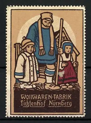 Reklamemarke Wollwaren-Fabrik Lichtenhof, Nürnberg, Vater mit zwei Kindern