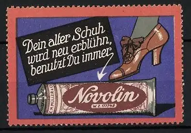 Reklamemarke Novolin Schuhputzmittel, Abasatzschuh auf einer Tube