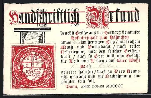 AK Bonn a. Rh., Urkunde aus der Hofwirtschaft Zum Hähnchen