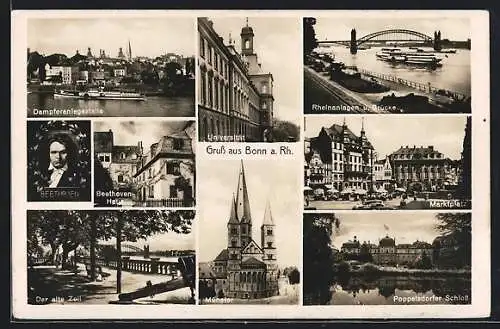 AK Bonn a. Rh., Dampferanlegestelle, Beethoven-Haus, Universität, Münster, Marktplatz, Poppelsdorfer Schloss