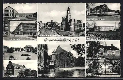 AK Gladbeck i. W., Rathaus mit Hochstrasse, Postamt, Haus Wittringen, Berufsschule, Jovyplatz, Stadtbücherei u.a.